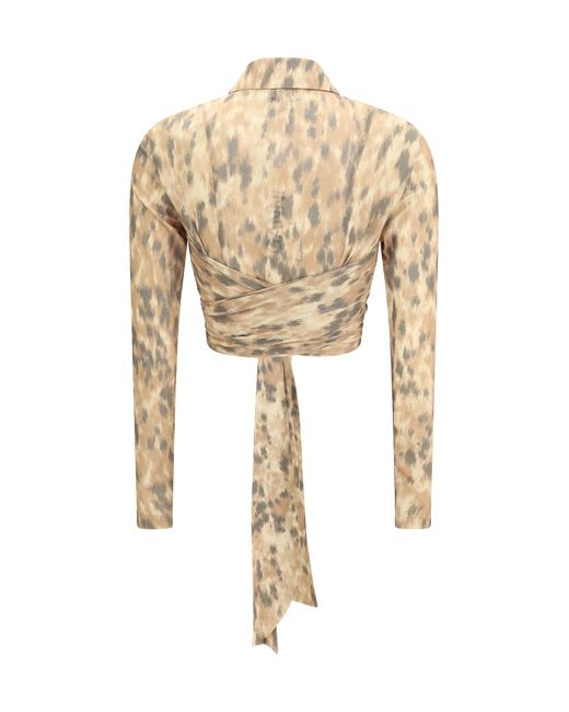 Ganni White Printed Marl Mesh Tie Blouse