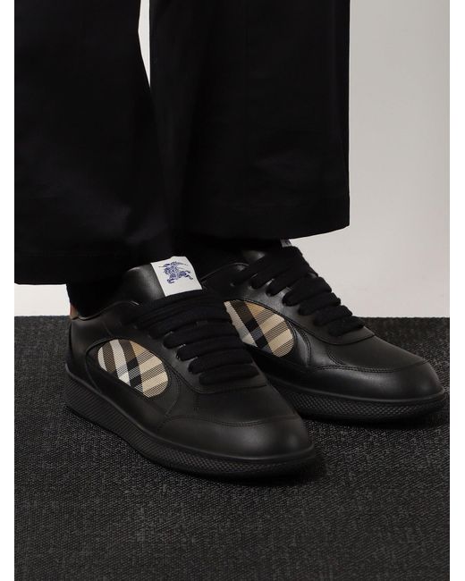 Burberry Black Leather Sneakers With Check Inserts for men