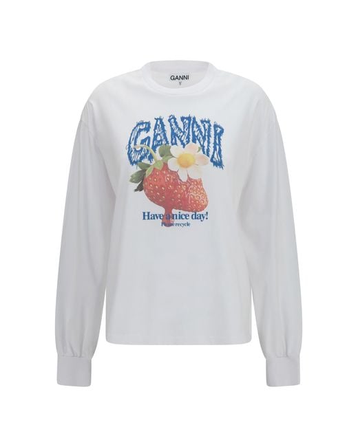 Ganni White Strawberry Long-Sleeve Cotton T-Shirt