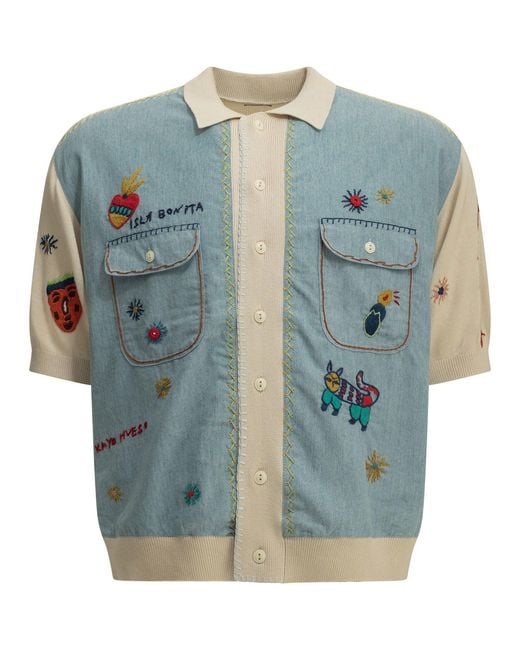 Kapital Blue Knit X Chambray Polo Shirt for men