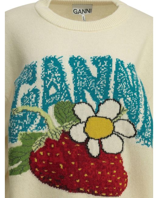 Ganni White "Strawberry" Crew-Neck Sweater