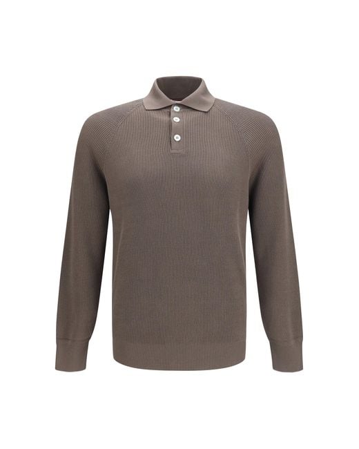 Brunello Cucinelli Gray Long-Sleeve Knit Polo Shirt for men