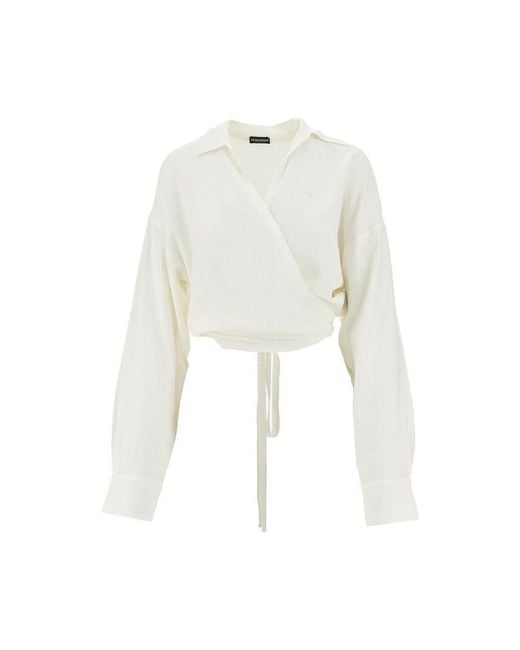 Emporio Armani White Viscose And Linen Wrap-Around Shirt