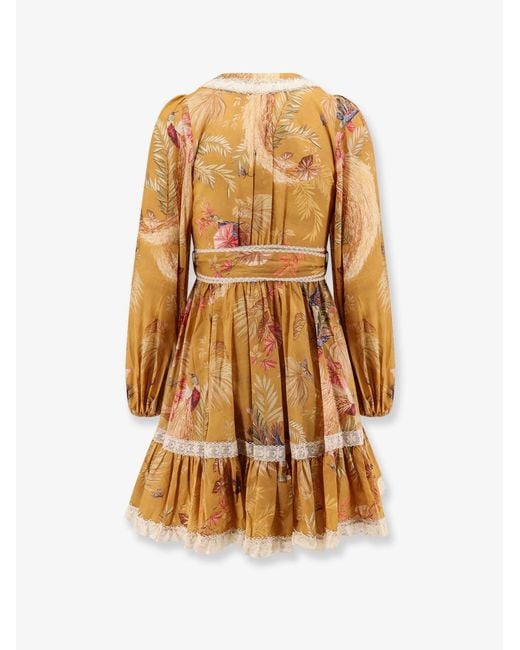 Zimmermann Natural Frill Cotton Short Dress With Floral Print