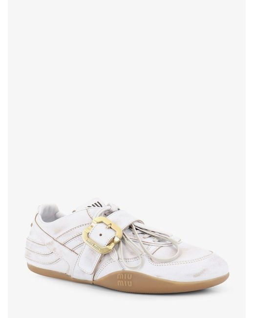 Miu Miu White Used-Effect Leather Sneakers With Metal Buckle Detail