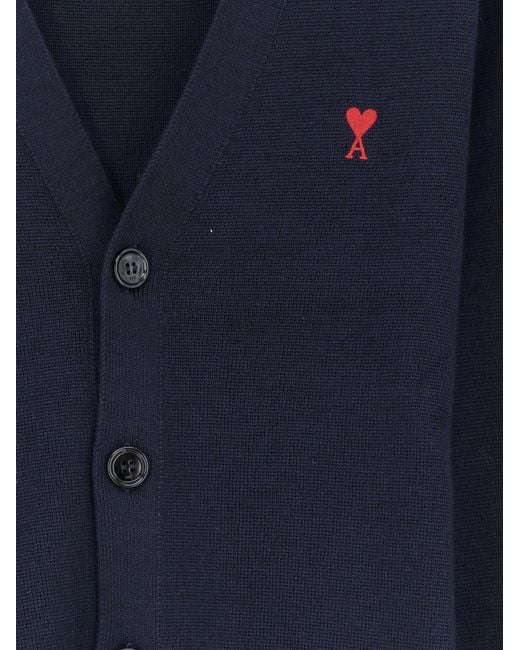 AMI Blue Wool Cardigan With Iconic Embroidery for men