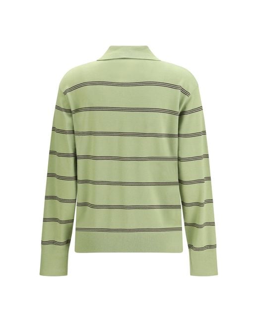 Dries Van Noten Green Merino Wool Striped Polo Sweater
