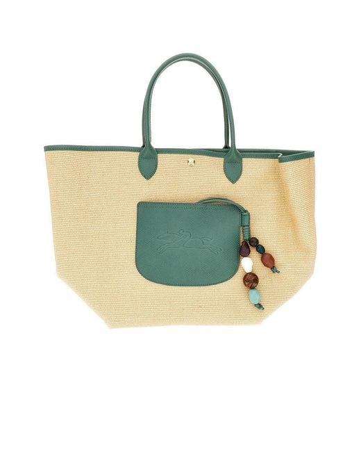 Longchamp Green Leather And Raffia Tote Bag