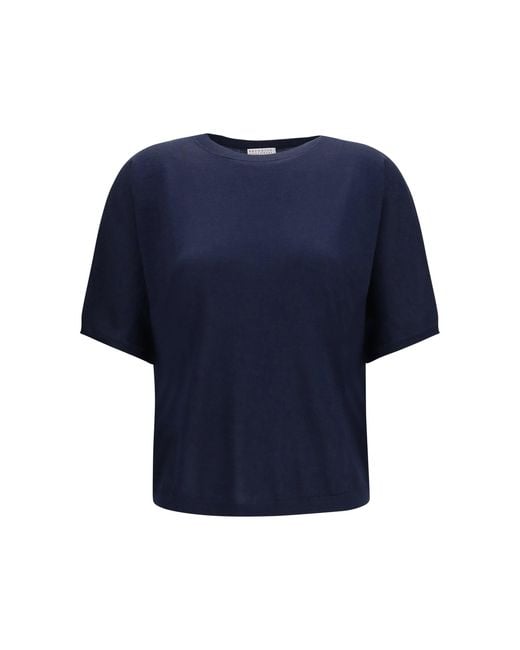 Brunello Cucinelli Blue Short-Sleeve Cashmere And Silk Sweater