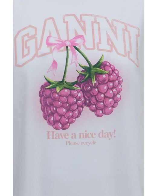 Ganni White Cotton Raspberry T-Shirt
