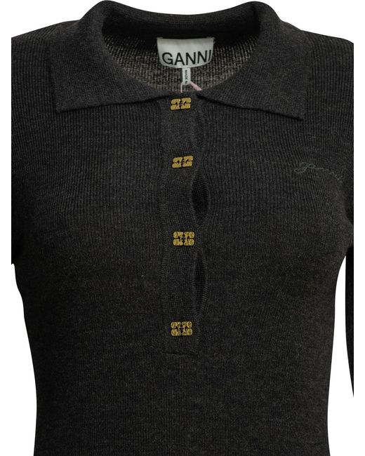 Ganni Black Logo Polo Sweater