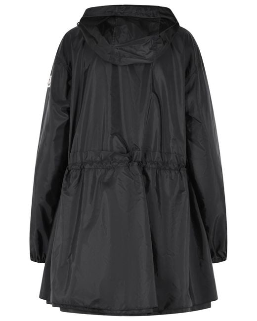 Moncler Black Weteau' Nylon Midi Jacket With Hood And Ruffles