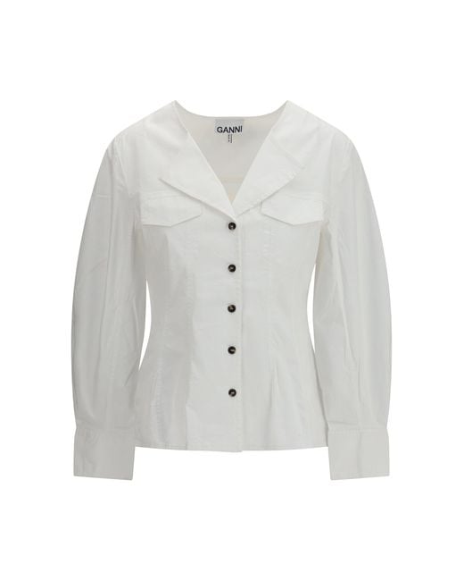 Ganni White Long-Sleeve Cotton Shirt