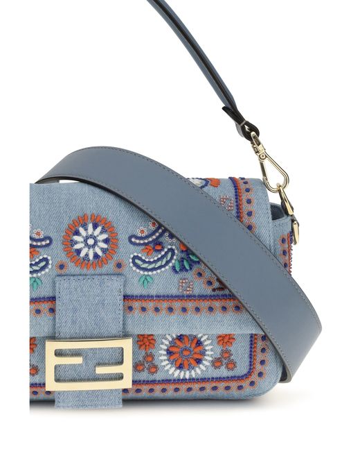 Fendi Blue Shoulder Bag Multicolour Embroidered Denim