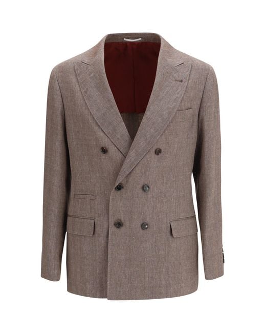 Brunello Cucinelli Brown Double-Breasted Tailored Jacket for men