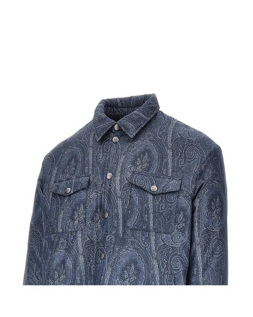 Etro Blue Nylon Oveshirt With Paisley Print for men