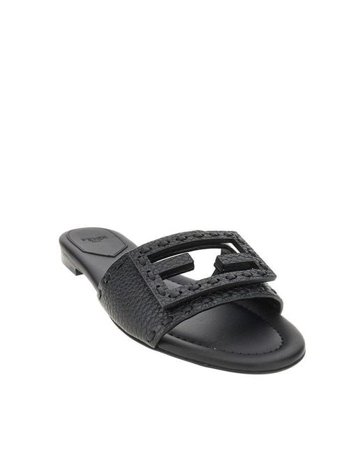Fendi Black 'Baguette' Grained Leather Slides