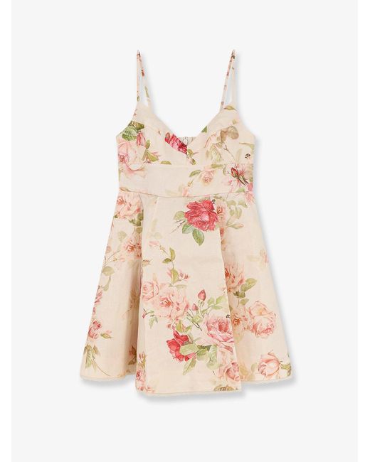 Women's White Roselight Short Linen Dress With Floral Print