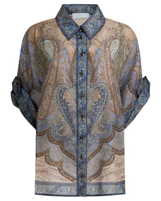 Zimmermann Gray Wanderlust Short-Sleeved Silk Shirt