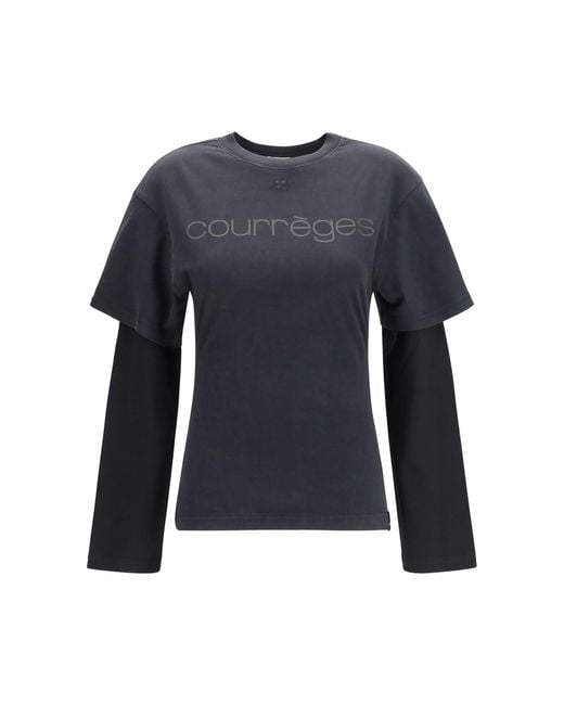 Courreges Blue Logo Print Double Sleeves T-Shirt Stonewashed