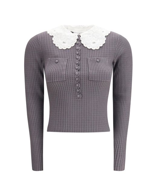 Women's Blue Knit Top Lace Collar