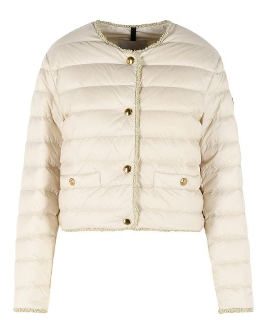 Moncler Natural 'Fleurs' Short Down Jacket With Light Polyamide Bouclã Trim