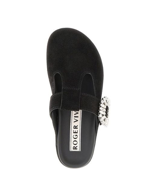 Roger Vivier Black 'Slidy Viv' Suede Leather Mules