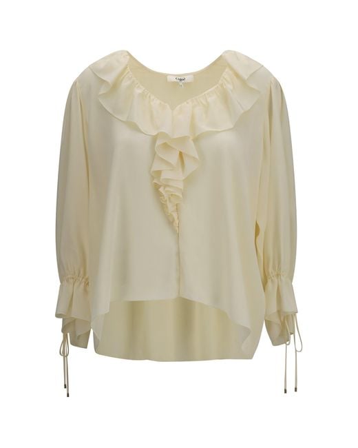 Chloé Natural Chloé Ruffled V-Neck Shirt