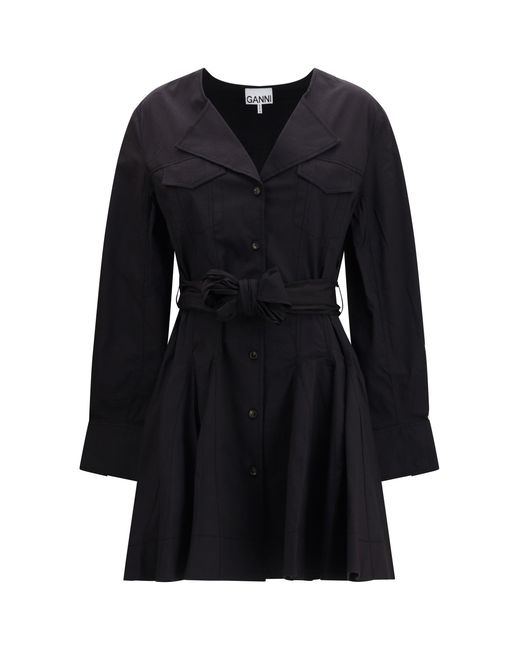 Ganni Black Short Shirt Dress With Belt