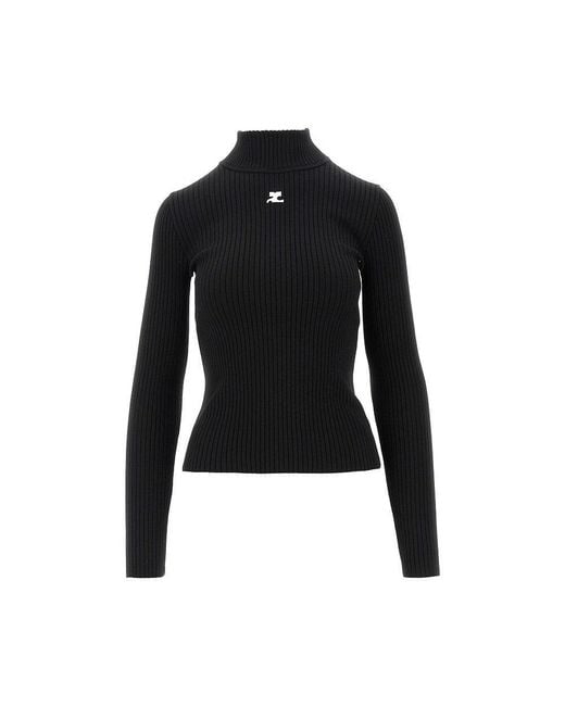 Courreges Black Ribbed Knit Embroidered Logo Sweater