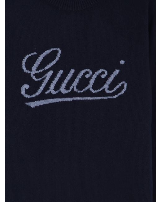 Gucci Blue Wool Sweater With Frontal Embroidered Logo for men