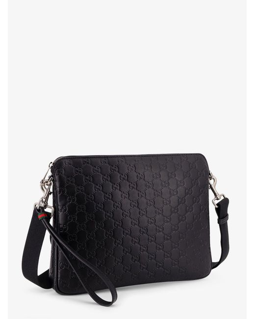Gucci Black Leather Gg Emblem Crossbody Bag With Embossed Gg Motif for men