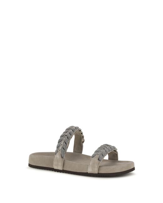 Brunello Cucinelli White Laurel Leaf Monili-Embellished Slides