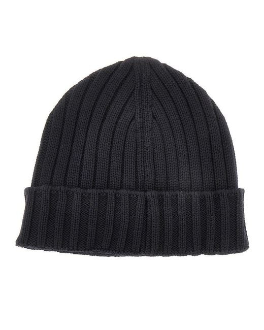 C P Company Blue Knitted Beanie Hat With Logo Patch for men