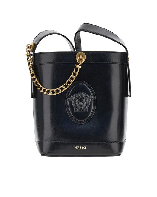 Versace Blue Leather Bucket Bag With Medusa Patch