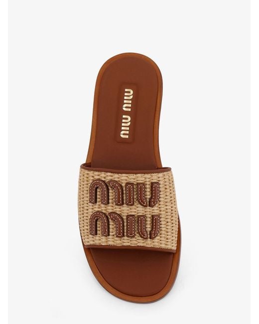 Miu Miu Brown Raffia And Leather Sandals With Logo Lettering