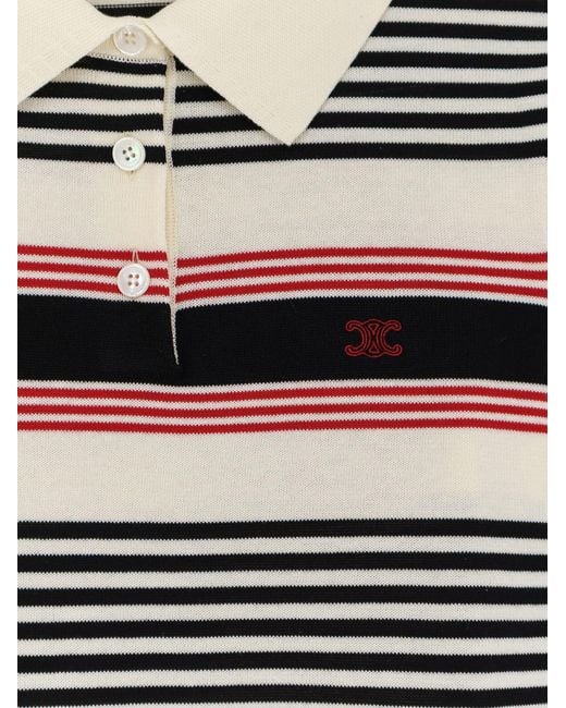 Céline White Striped Cotton Polo Sweater