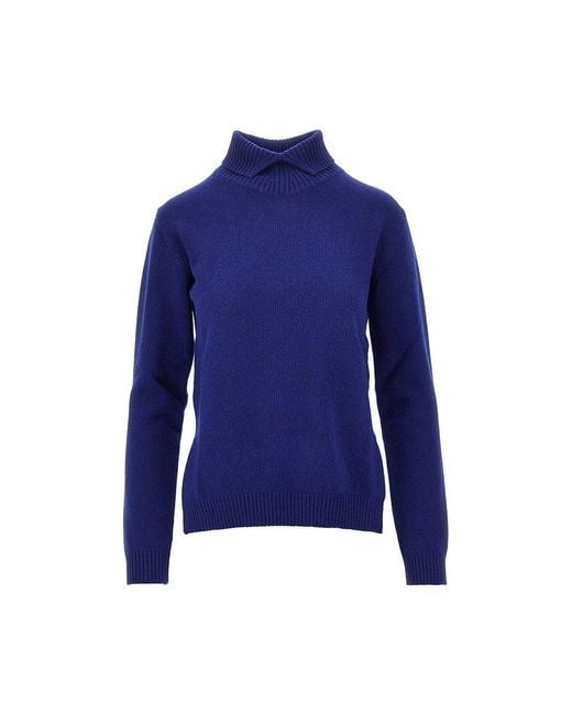 Jil Sander Blue Split Collar Wool Sweater