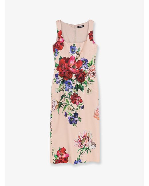 Women's White Dolce & Gabbana Satin Longuette Dress With Fiori Print