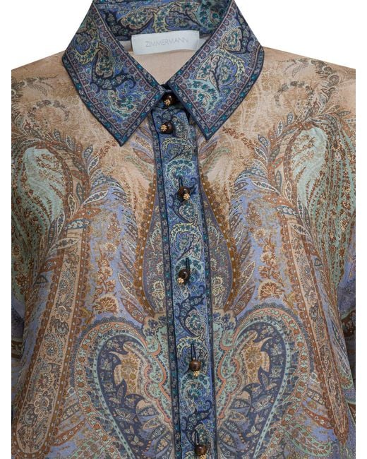 Zimmermann Gray Wanderlust Short-Sleeved Silk Shirt
