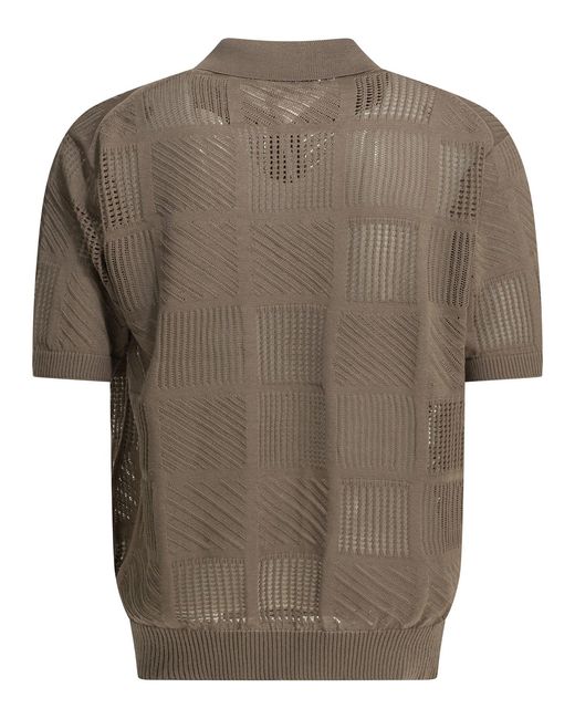 Beams Plus Brown Cotton Nylon Spandex Textured Knit Button-Down Polo Shirt for men