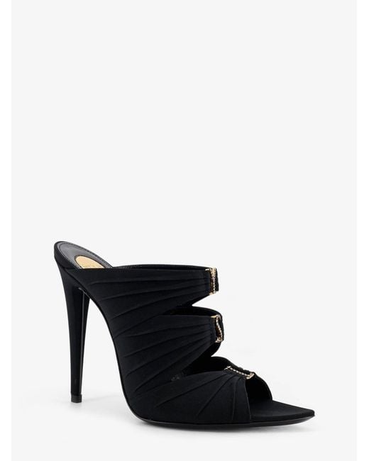 Saint Laurent Black Emilie Satin Sandals With Rhinestone Logo Detail
