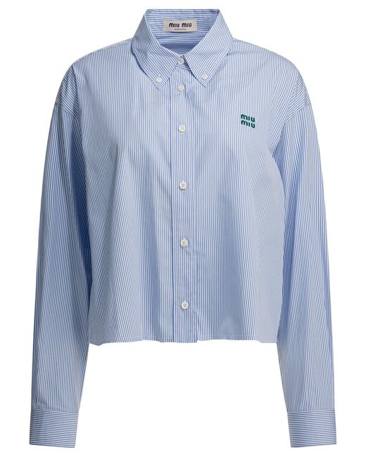 Miu Miu Blue Poplin Shirt With Logo