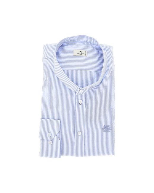 Etro Blue Cotton Shirt With Striped Motif for men
