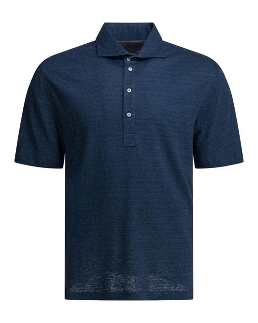 Brunello Cucinelli Blue Linen And Cotton Polo Shirt for men