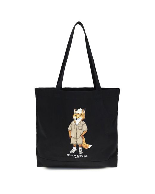 Maison Kitsuné Black Tote Bag Fox Print Canvas for men