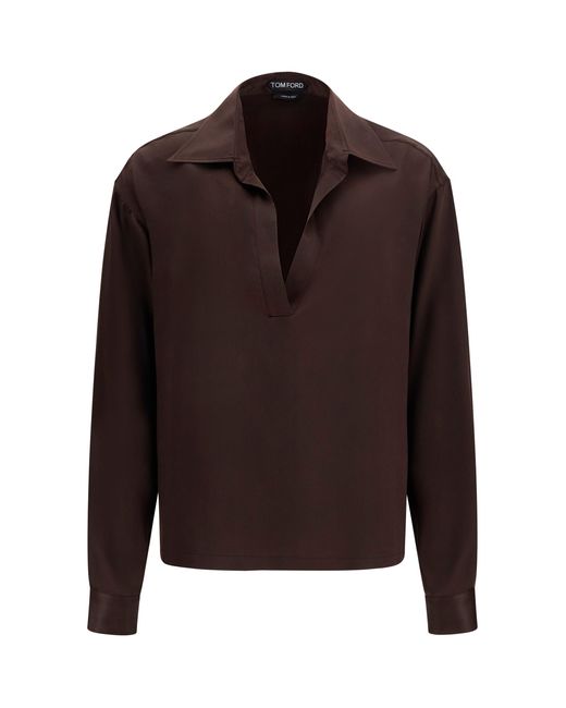 Tom Ford Brown Deep V-Neck Silk Shirt