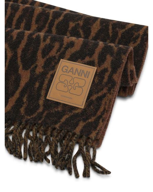Ganni Brown Wool Scarf With Fringes