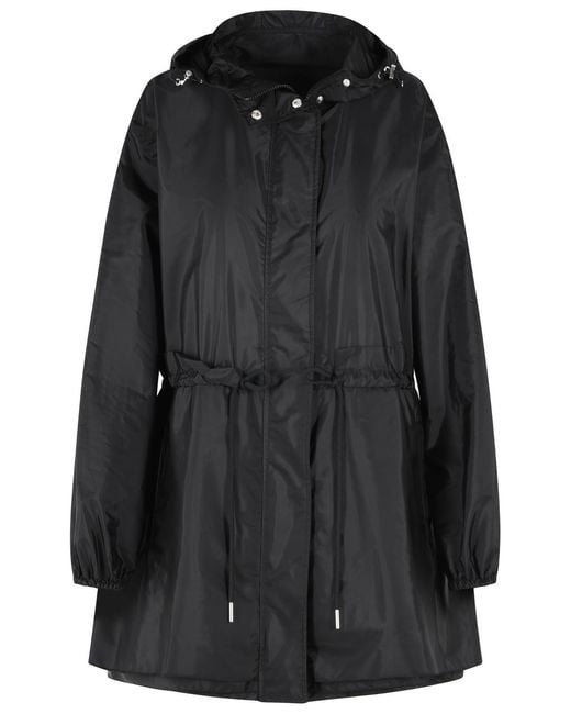 Moncler Black Weteau' Nylon Midi Jacket With Hood And Ruffles