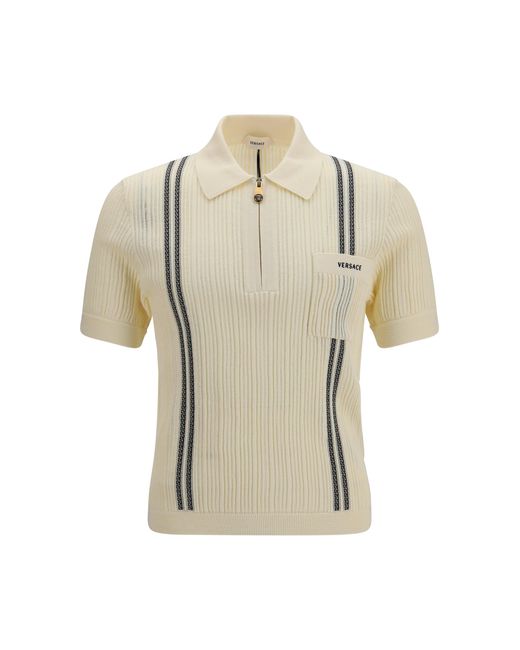Versace White Jacquard Cotton Knit Polo for men
